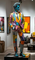 Colorful statue wearing a suit in an art gallery.