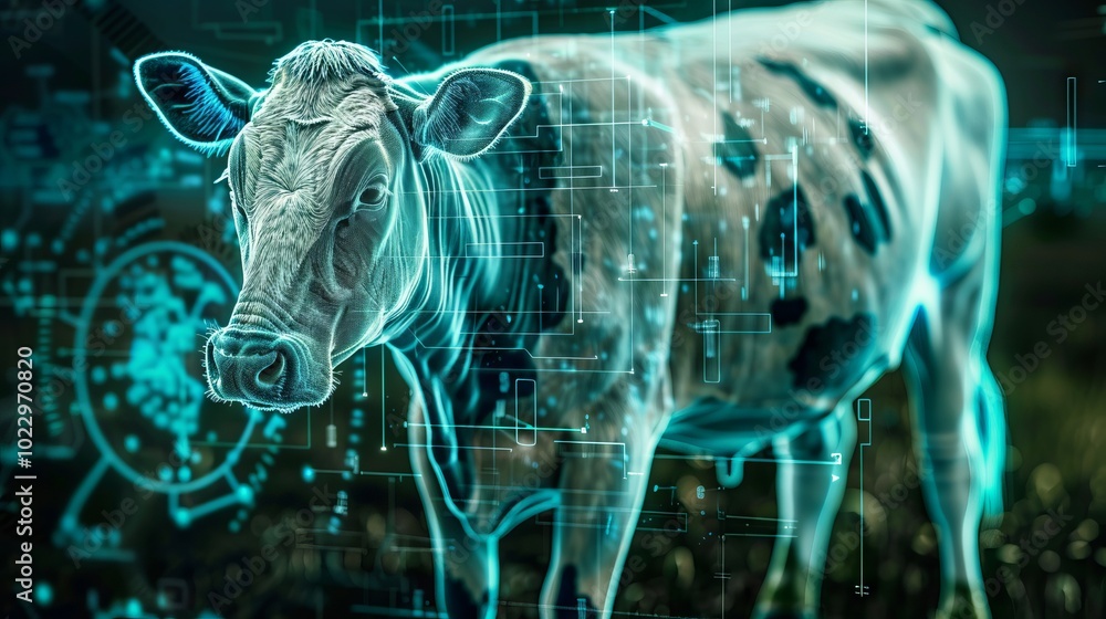 Poster a cow is shown in a green and blue background with a digital image of it