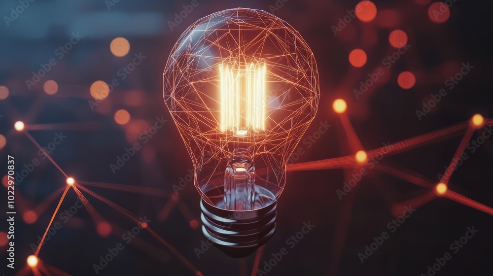 Poster illuminated idea: a glowing lightbulb, its filament ablaze, sits at the center of a network of inter