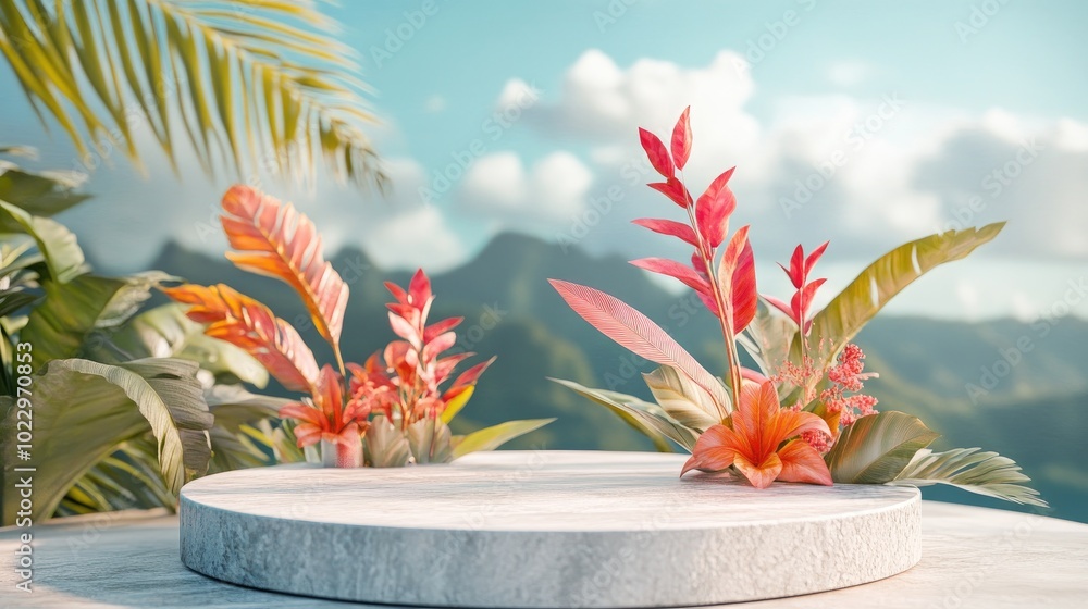 Poster 3d rendering of an abstract podium display featuring tropical leaves and coral pink plants suitable 