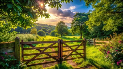 Fototapeta premium Rustic wooden gate surrounded by lush greenery in a tranquil countryside setting on a sunny day