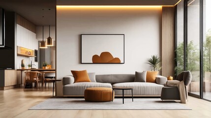 Fototapeta premium Modern living room interior with gray sectional sofa, orange cushions, and minimalist decor. Features open kitchen, large windows, pendant lighting, and abstract artwork.