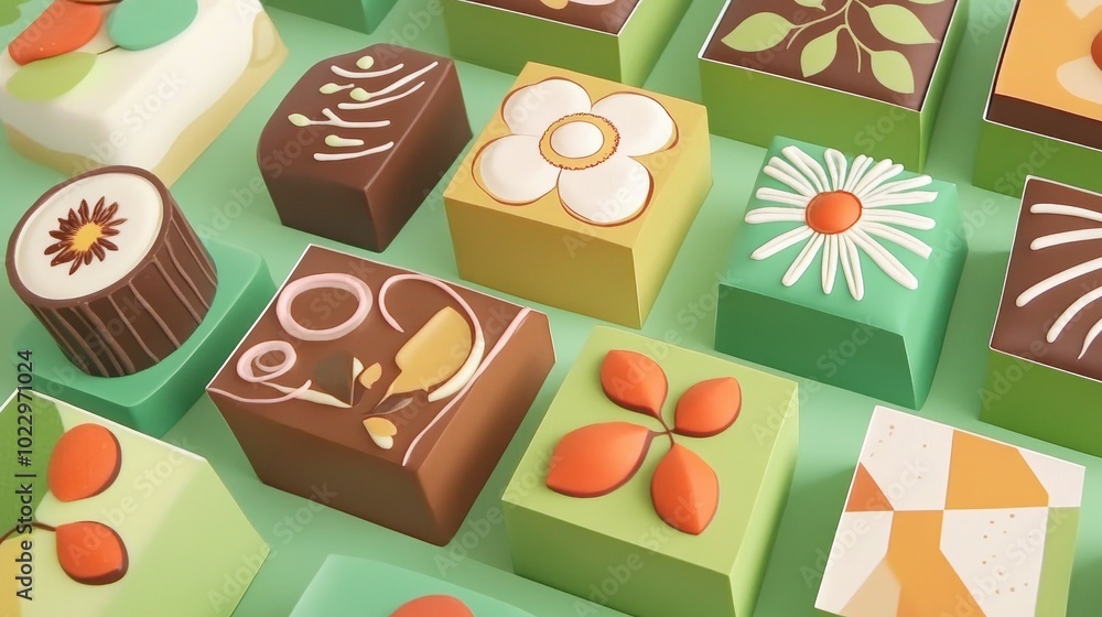 Poster assortment of delectable chocolates featuring diverse shapes and fillings offering a tempting variet