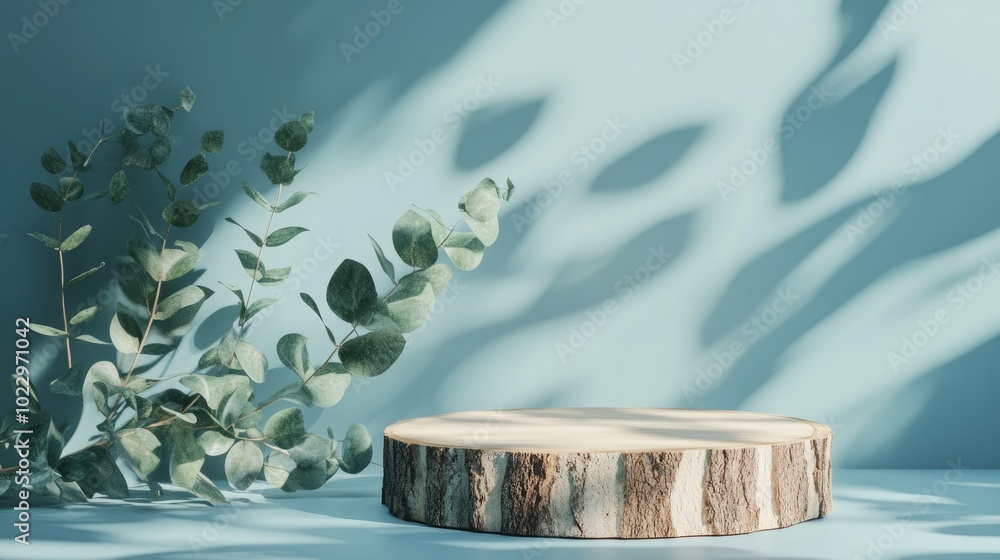 Poster Abstract empty wooden slice podium featuring eucalyptus leaves and shadows on a blue background Mockup display for product presentation 3D render Minimalist concept Advertising template