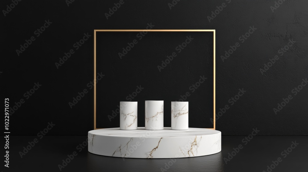 Aufkleber 3D rendering of a white marble pedestal set against a black background featuring a gold square frame and three cylindrical blocks embodying an abstract minimal concept with a clean and luxurious d