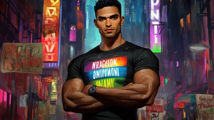Obraz premium A muscular man stands confidently in a vibrant urban setting, showcasing a colorful shirt.