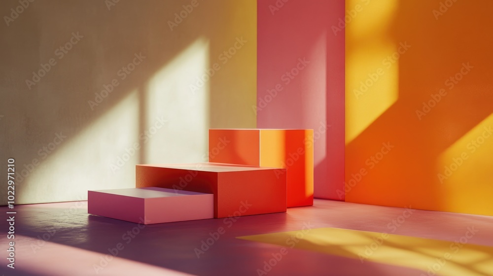 Aufkleber 3D render of an abstract geometric composition casting shadows on a surface showcasing product presentation and branding Scene featuring 3D background display illuminated by sunlight suitable for