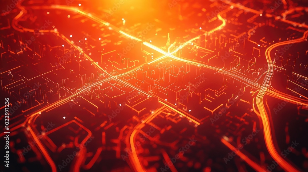 Aufkleber Abstract map of streets featuring white lines on a vivid red background illuminated by two lights Aerial view in 3D rendering style