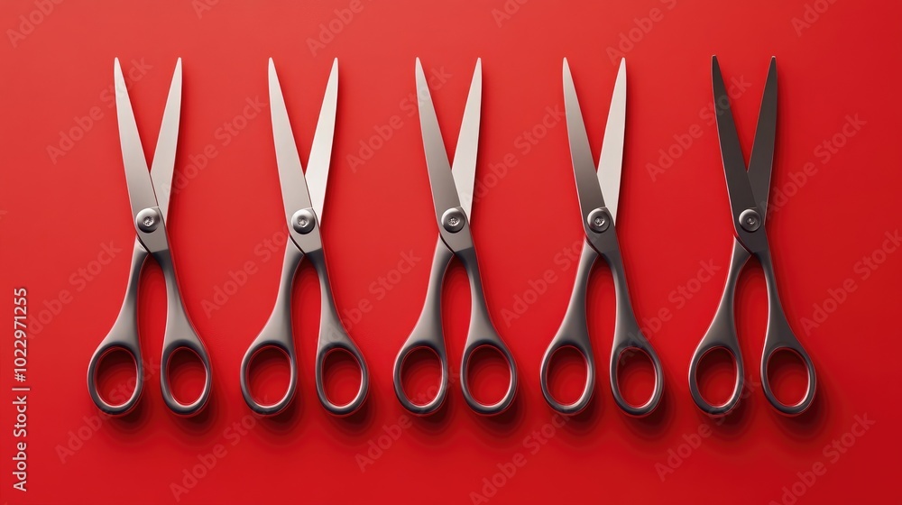 Aufkleber 3d illustration of scissors arranged flat on a vibrant red backdrop