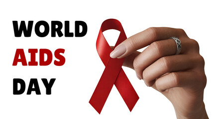 Empathetic hand holds vibrant red ribbon symbolizing hope and awareness for World AIDS Day, promoting global health initiatives and solidarity.