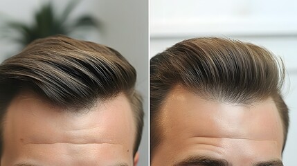 Side-by-side scalp photos of a man, displaying progressive hair loss before and full coverage achieved after undergoing a successful hair restoration procedure