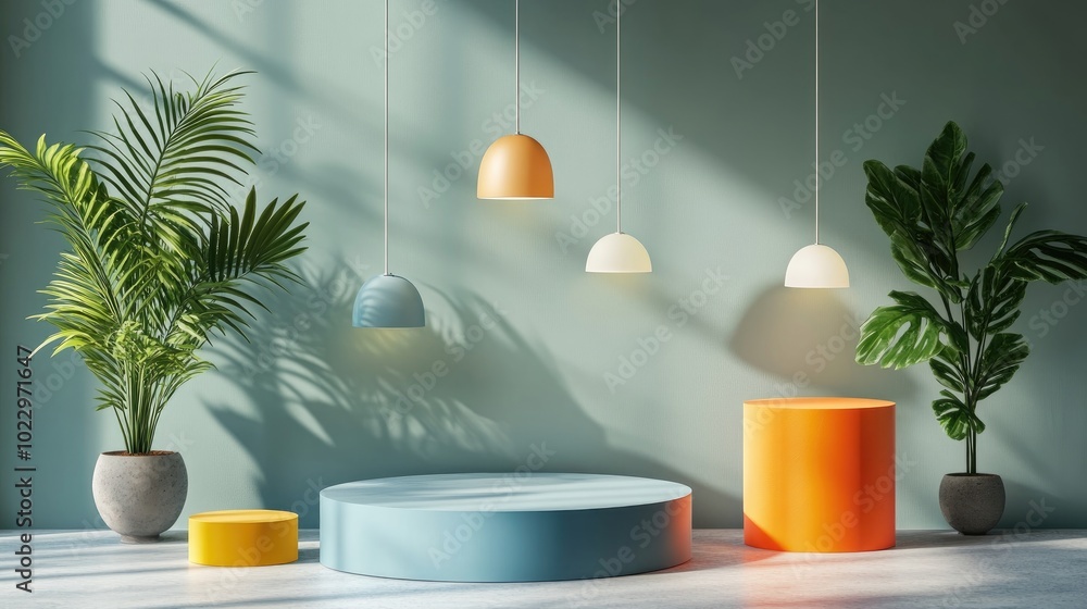 Poster Colorful block minimal circular podium designed for product display featuring light shapes and pendant lamp in a 3D rendered illustration background