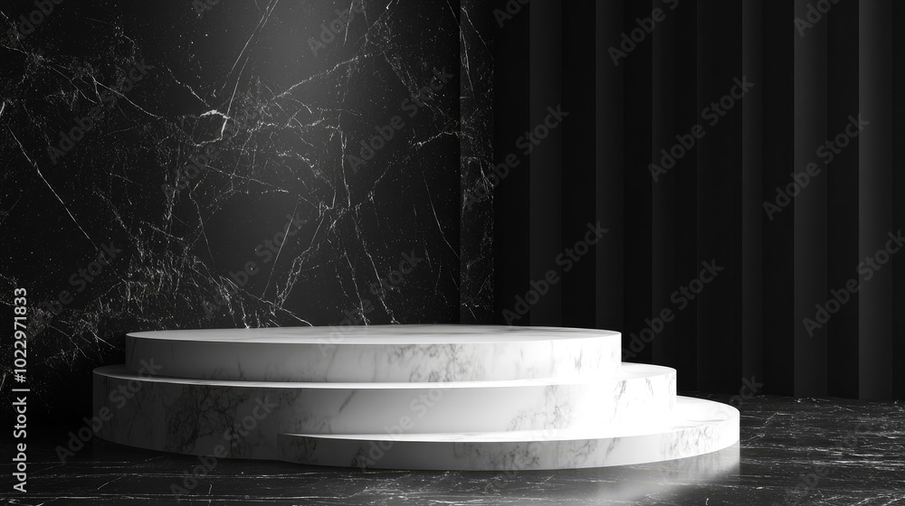 Aufkleber 3D rendering of white pedestal steps on a black round marble background featuring a memorial board art deco geometric frame and an abstract minimal concept providing a blank space and clean design