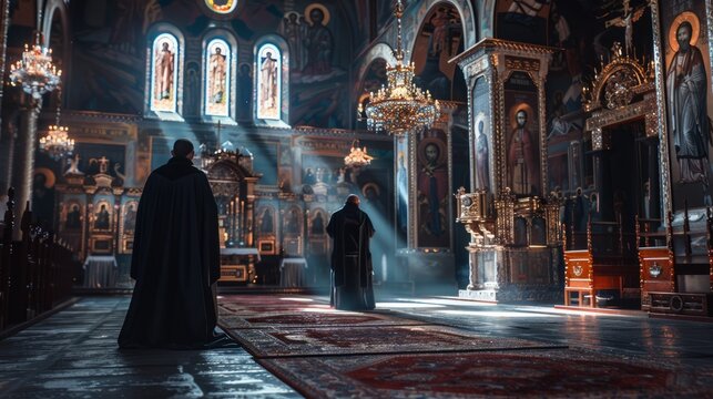 A church with two men standing in the middle of the room