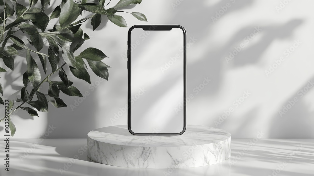 Aufkleber 3D render illustration of a smartphone mockup UI app display on a marble podium against a white background with a premium minimalist design