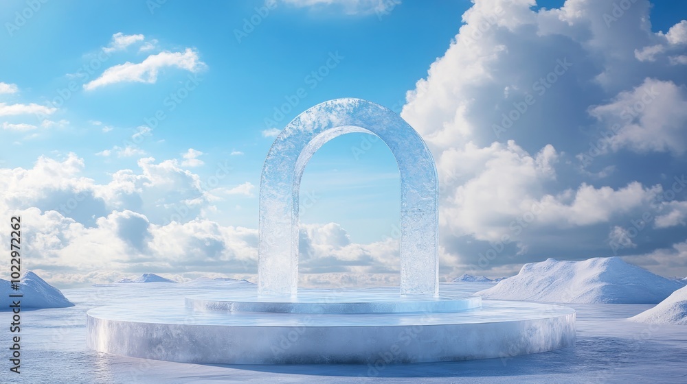 Aufkleber Abstract 3D render of a winter scene featuring a natural background an ice podium on a snowy ground and an ice arch door against a sky with clouds suitable for product display or advertising purpo