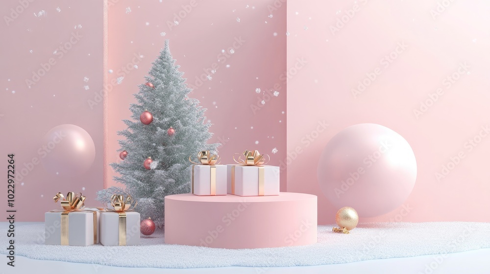 Poster christmas display podium for branding and packaging presentation featuring gift boxes a tree and sno