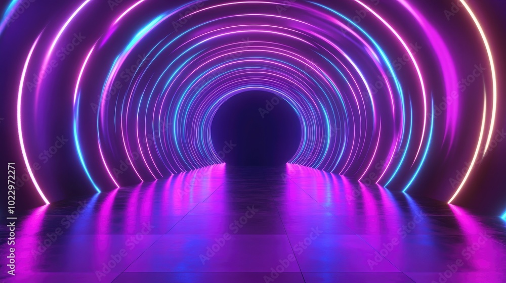 Aufkleber 3D rendering of an abstract background featuring neon lights a round portal rings circles and elements of virtual reality showcasing an ultraviolet spectrum with a laser show effect and reflection