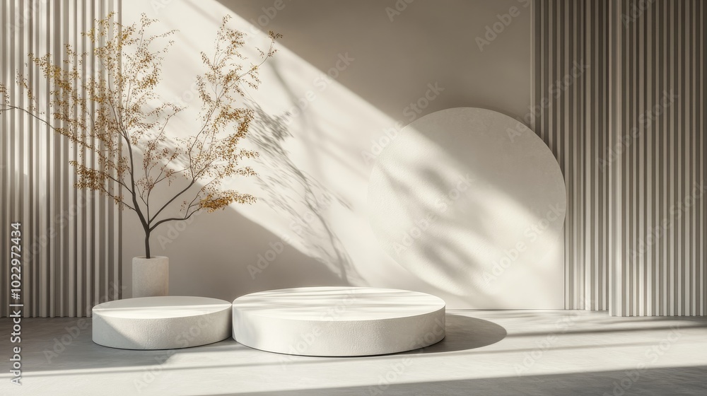 Aufkleber 3D rendering studio featuring geometric shapes and a podium on the floor providing platforms for product display in a mock up background Abstract composition with a minimalist design