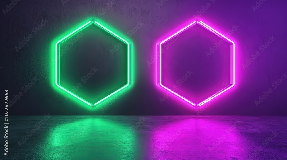 Poster Ai Generated Abstract Geometric Shapes Octagon And Hexagon In Green And Purple Neon Light Trendy Decorative Elements In Modern Architectural Design 3D Render And Illustration