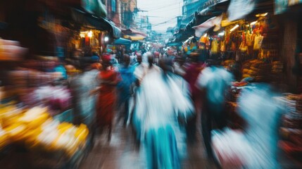 Blurred busy market with people and vehicles in developing countries, 