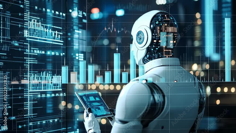 Poster a white robot with glowing blue lights analyzes data on a tablet screen in front of a large screen d