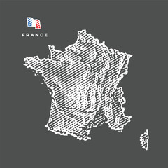 Map of FRANCE in engraved style, white in black background. Hand drawn engraving style illustrations. Etched vector illustration.