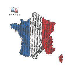 Map of FRANCE in engraved style, colored engraving. Hand drawn engraving style illustrations. Etched vector illustration.