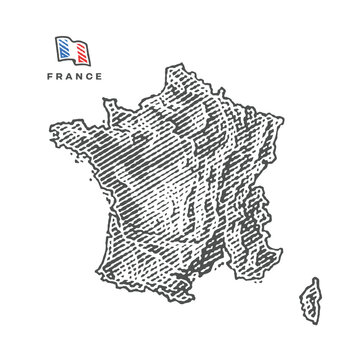 Map of FRANCE in engraved style. Black and white. Hand drawn engraving style illustrations. Etched vector illustration.