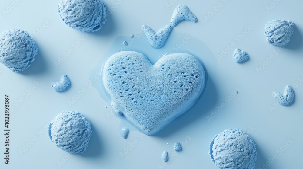 Aufkleber 3d rendering of heart shaped ice cream in blue flat lay composition