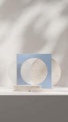 3d rendering mock up of terrazzo podium in portrait with blue backdrop and white wall