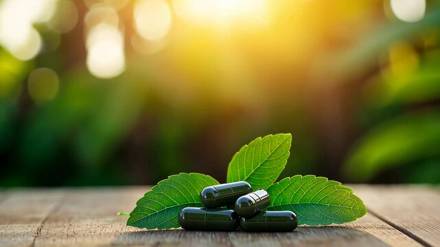Natural health supplements placed on green leaves with sunlight shining in the background, highlighting the connection between wellness and nature. Ideal for concepts of herbal medicine and nutrition