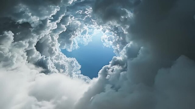 Soaring Through a Cloud Tunnel, Surrounded by Fluffy Clouds and Blue Sky