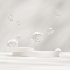 3d rendering mockup of white podium in square with floating glass sphere backdrop