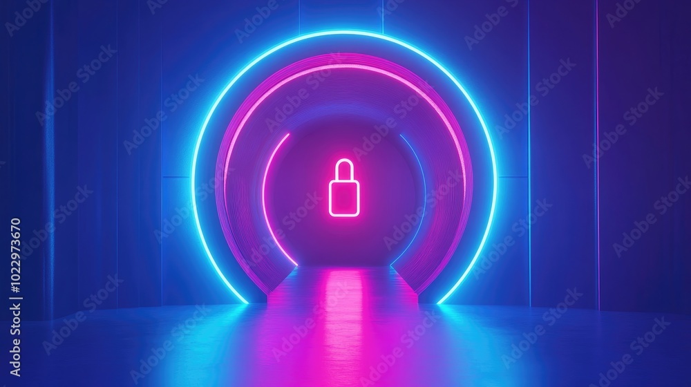 Poster 3d illustration of tunnel and finger cyber lock on blue background for big data protection cyber sec