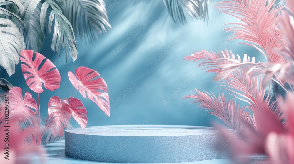 Poster 3d rendering of an abstract podium display featuring tropical leaves and coral pink plants ideal for