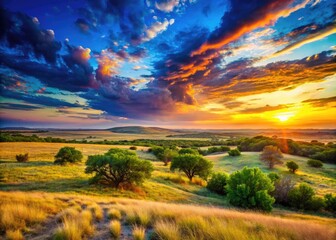 Fototapeta premium Scenic Landscape of Hemphill County in Texas with Vast Plains and Blue Sky During Sunset