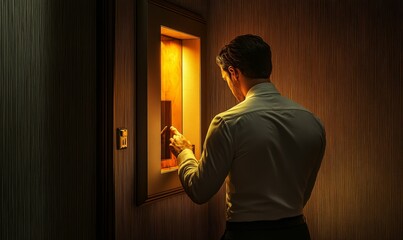 Man in white shirt stands by glowing frame.