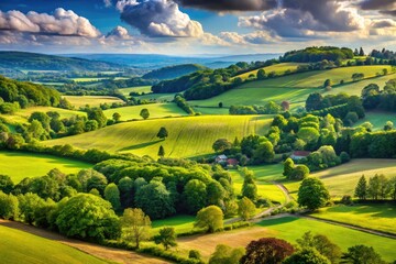 Fototapeta premium Scenic Landscape of Surrey, UK Featuring Rolling Hills, Lush Greenery and Quaint Countryside Views