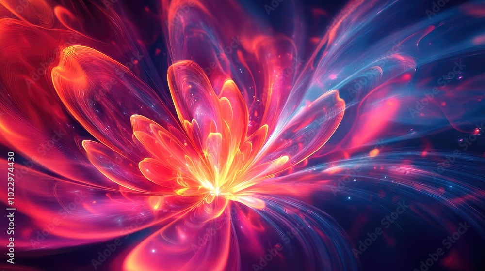 Poster abstract twisted light fibers with anime effects modern fractal floral design and illuminated light 