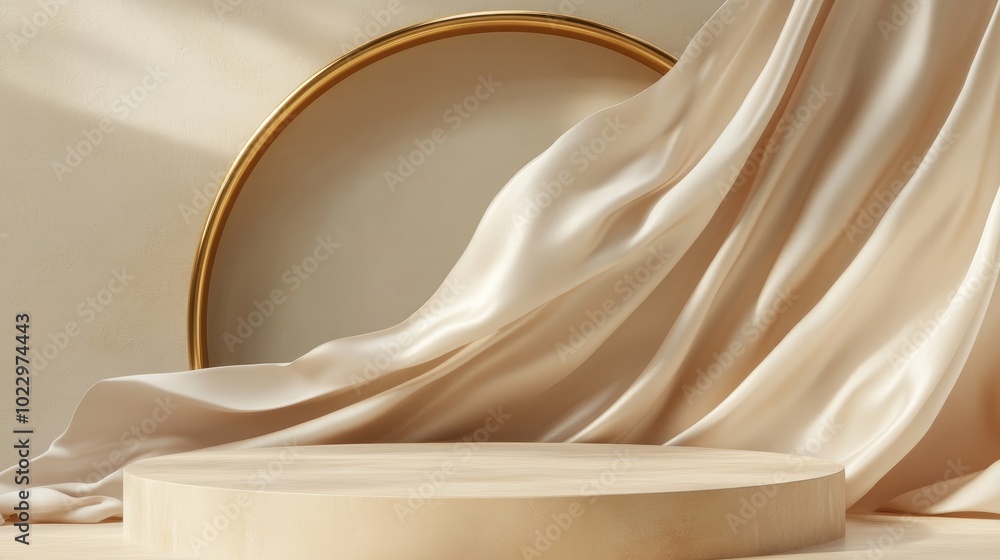 Poster 3d background featuring a beige podium for display mockup flowing silk cloth and a golden arch frame