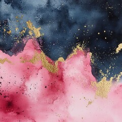 Abstract watercolor background with pink, navy, and gold accents, perfect for elegant designs.