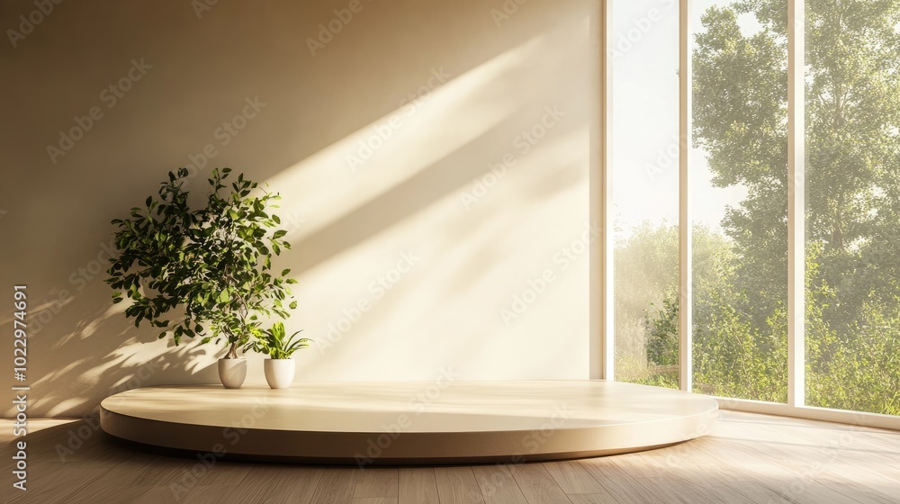 Poster Brown display podium in a well lit room with a window background 3D rendering