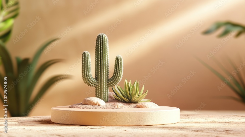 Poster 3d mockup of a brown cream podium featuring a cactus and a miniature desert scene ideal pedestal sta