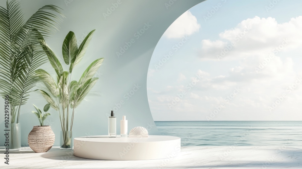 Poster 3D render of a minimalist display podium designed for showcasing products or cosmetics with a summer beach theme embodying the vacation concept