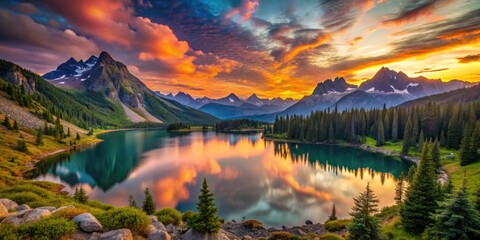 Scenic mountain landscape during sunset with vibrant colors reflecting in a serene lake view