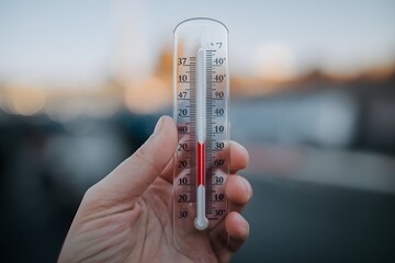 Hand gripping mercury thermometer showing temperature above 37C, blurred background.