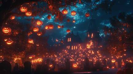 Halloween night background with pumpkins, lanterns, and a haunted house in the style of digital airbrushing cartoon, in dark orange and light blue, with detailed foliage, full moon lighting, 