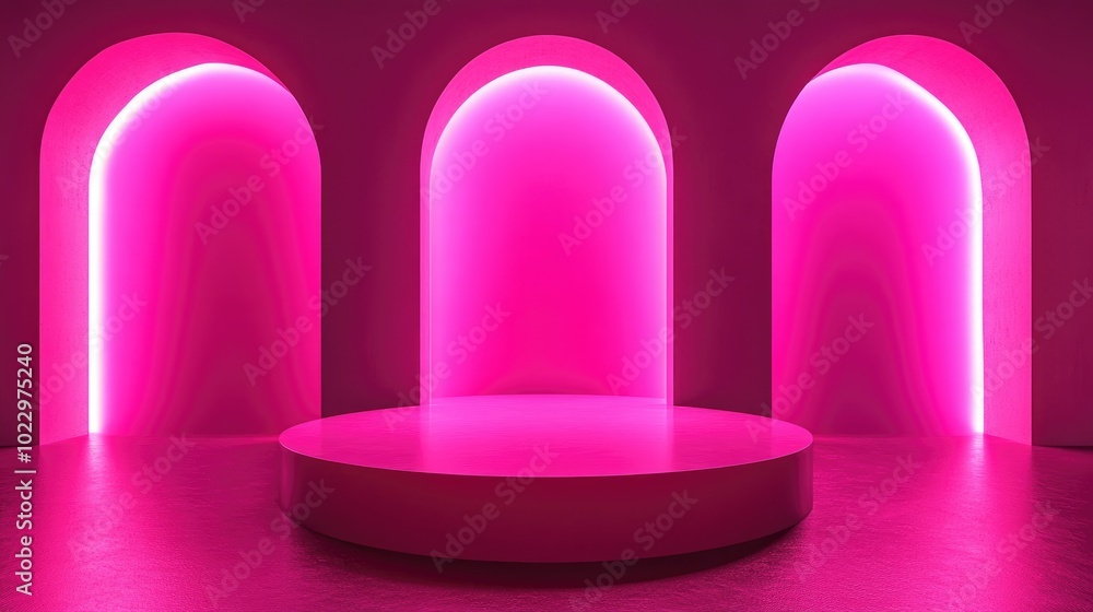 Poster 3d mockup podium set in a vibrant pink empty space featuring arches and neon pink illumination conte