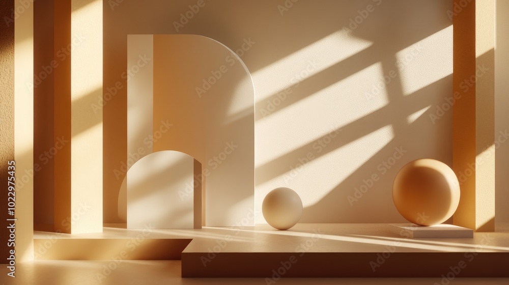 Aufkleber 3D render of an abstract geometric composition casting shadows on a surface showcasing product presentation and branding Scene featuring 3D background display illuminated by sunlight suitable for